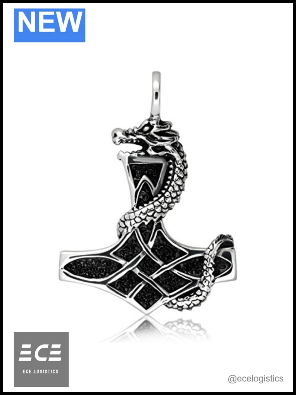925 Sterling Silver Viking Dragon Axe Thor Mjolnir Pendant Necklace